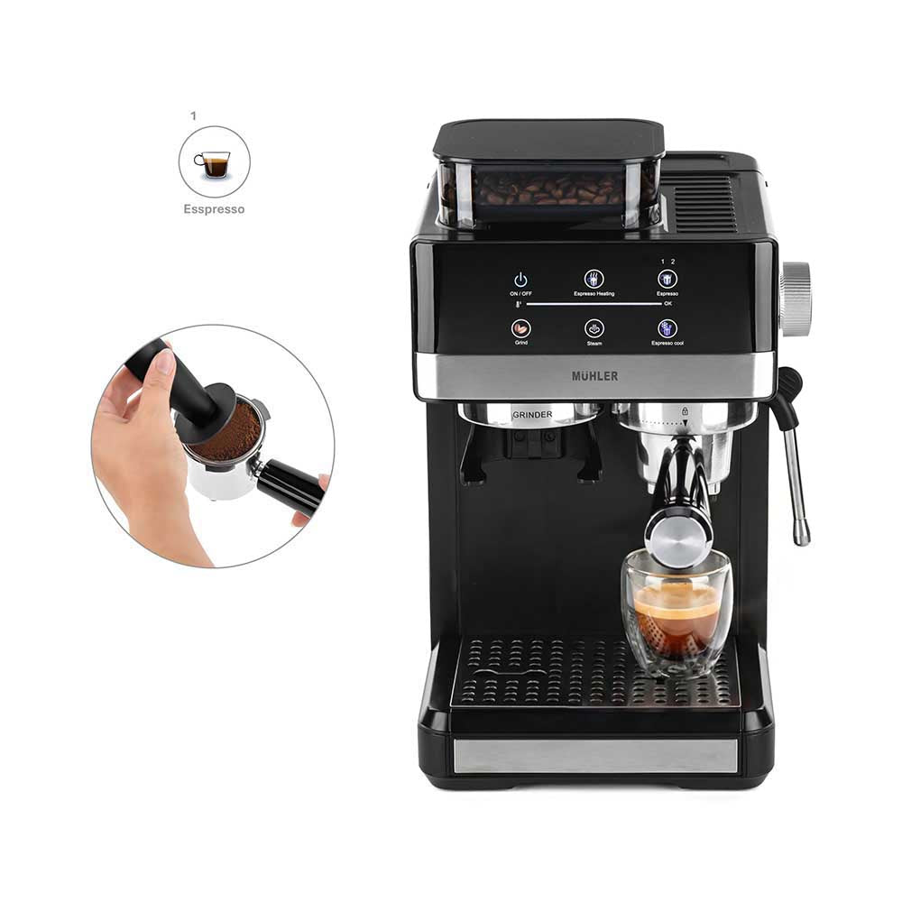 MÛHLER Espressomaskin med 20 bar tryck, kvarn och mjölkskummare