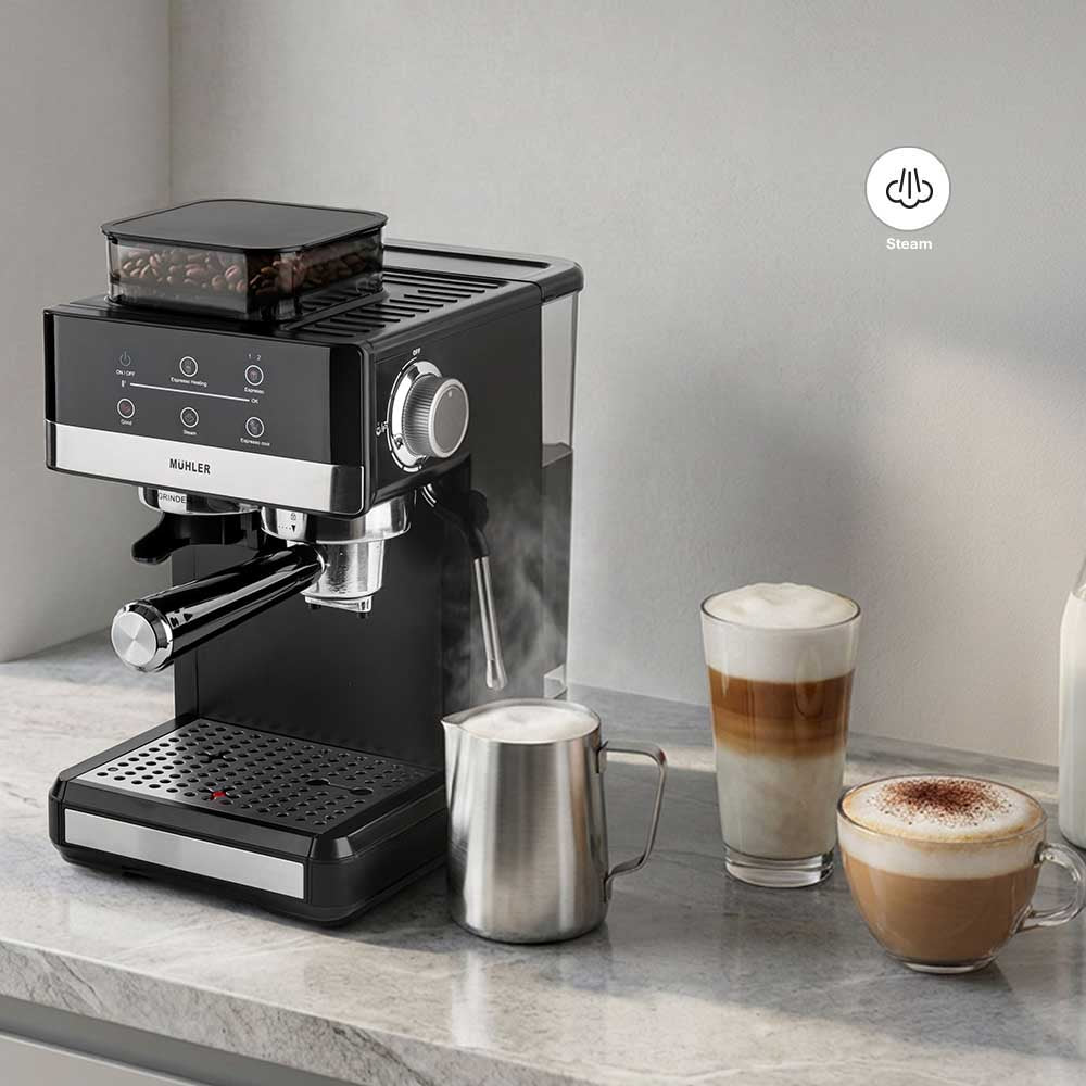 MÛHLER Espressomaskin med 20 bar tryck, kvarn och mjölkskummare