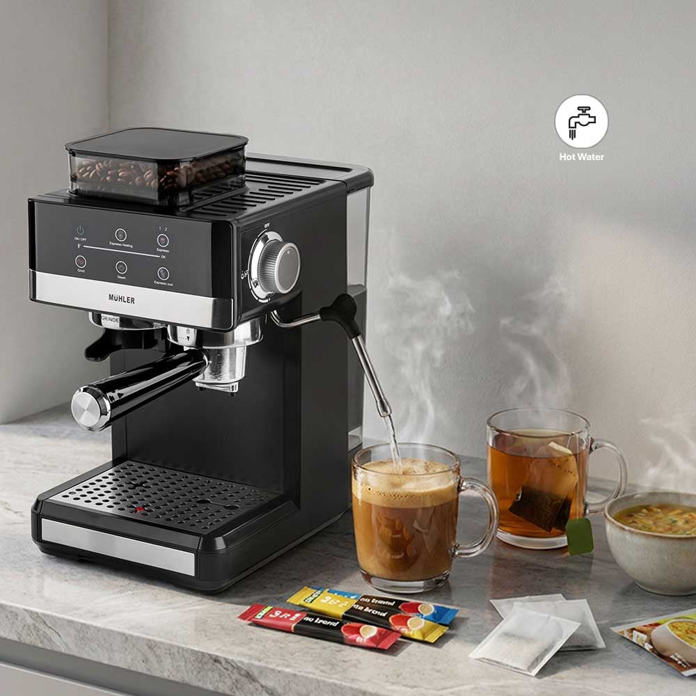 MÛHLER Espressomaskin med 20 bar tryck, kvarn och mjölkskummare