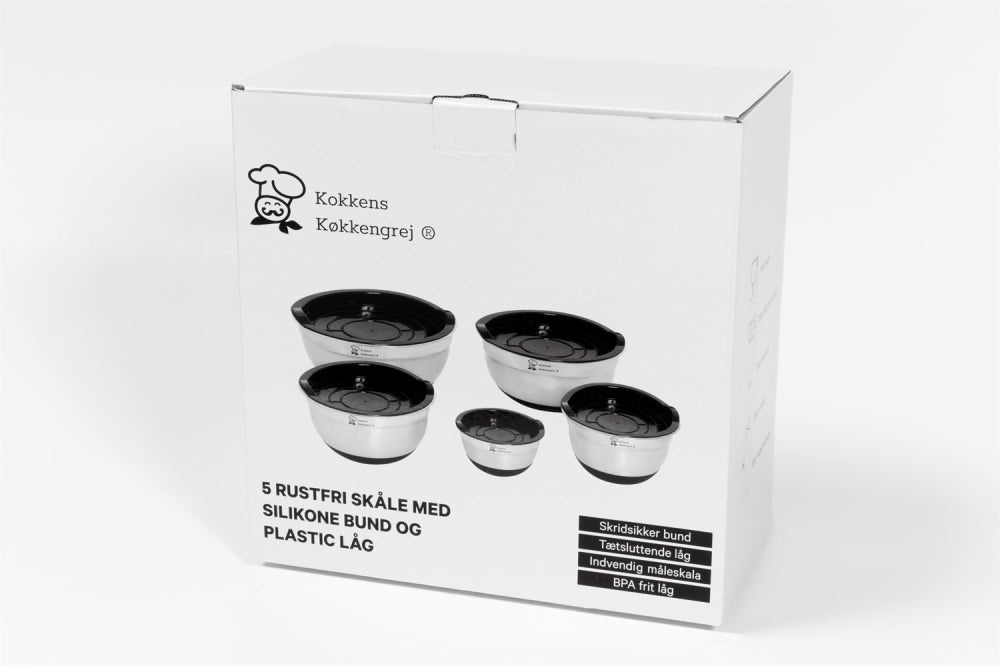 Skålset med 5 metallskålar, med lock och halkfri botten